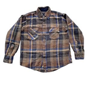 Vintage Flannel Shirt Mens Medium David Harrison Plaid BROWN BLUE Buffalo 1970's